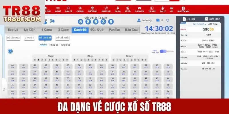 Đa dạng vé cược xổ số TR88